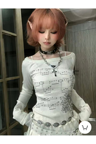 Köstebek Muzică Notă muzicală Tulle Detaliat Guler Madonna Harajuku Swea tricou