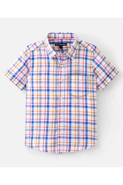 Pine kids قميص باين كيدز 100% قطن بنصف كم وجيب واحد ومربعات - أبيض