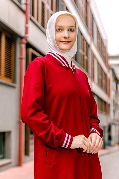 SELF CONTROL Κόκκινο Σετ Φούτερ Hijab - Σετ Τριπλό Τούνικ