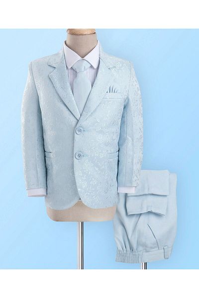 Babyhug Woven Full Sleeves Brocade Design Party Suit with Tie - White & Light Blue