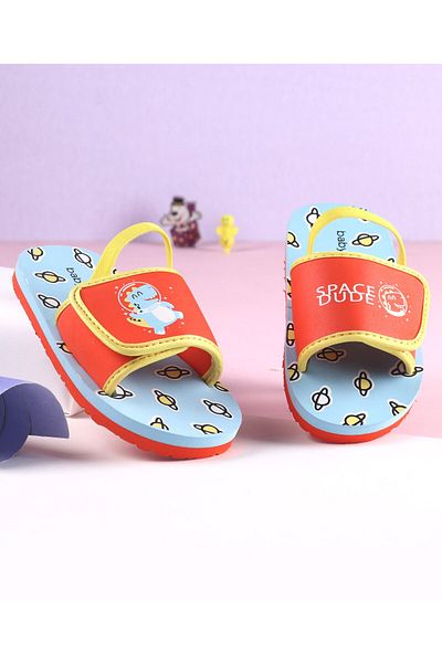 Babyoye Dino Print Flip Flops with Back Strap - Blue & Red