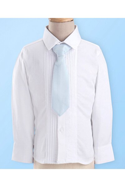 Babyhug Woven Full Sleeves Brocade Design Party Suit with Tie - White & Light Blue