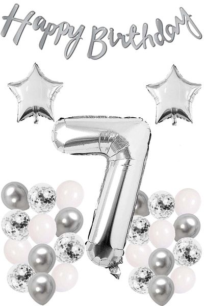 Ezgi Party Store Silver Concept 7 Years Birthday Celebration Set White Silver Confetti Balloon Figure Star Foil and Banner