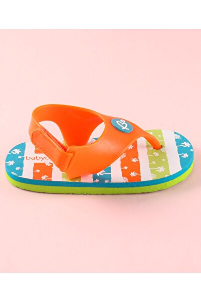Babyoye Stripe Flip Flops Coconut Tree Print Velcro Closure - Orange