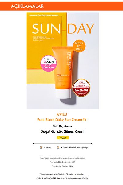 Missha A'Pieu Pure Block Natural Sunscreen - Non-Sticky Daily Sun Creamex Spf50+Pa++++100Ml