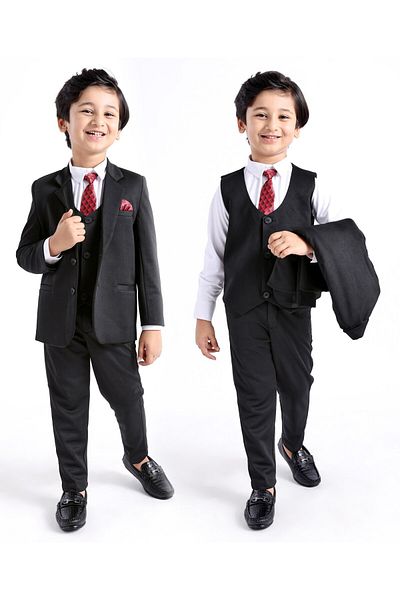 Babyhug Full Sleeves 3 Piece Stretch Party Suit with Tie - Black