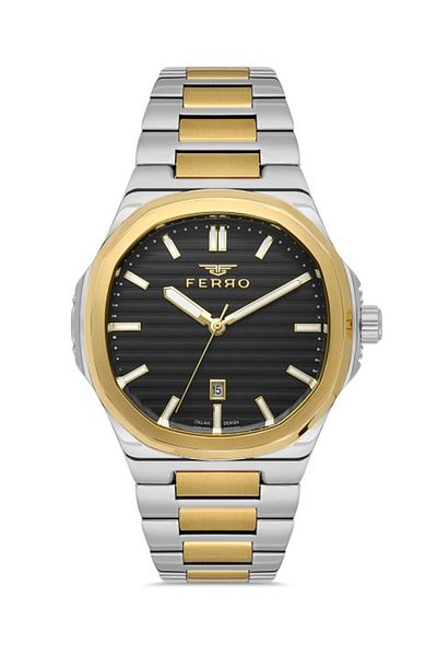 FERRO Silver and Yellow Steel Band Men's Wrist Watch F11514Awt-D2 F11514Awt-D2