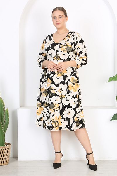 Madwilo Rochie elastică de mărime mare, cu mâneci trei sferturi, cu decolteu în V, cu model floral, negru, galben