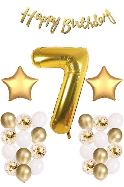 Ezgi Party Store 7 Years Birthday Celebration Set - Gold Concept; White Gold Confetti Balloon, Numeral Star Foil and Banner