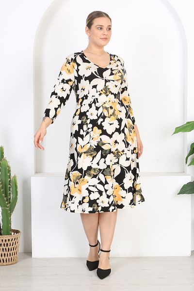 Madwilo Rochie elastică de mărime mare, cu mâneci trei sferturi, cu decolteu în V, cu model floral, negru, galben