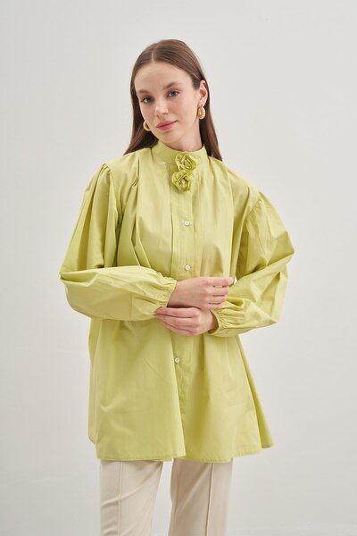 Fahhar Light Green Flower Detailed Shirt