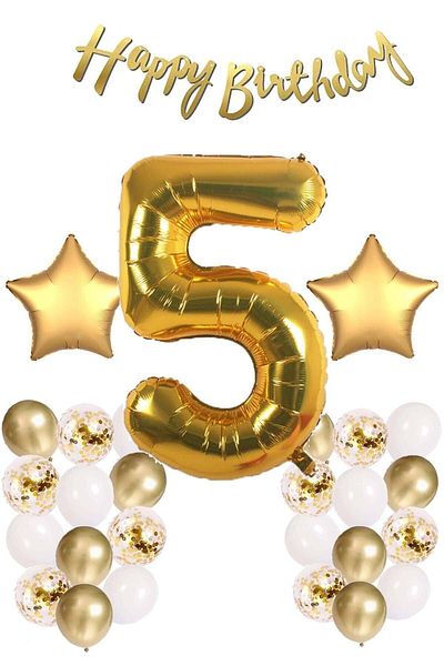 Ezgi Party Store 5 Year Old Birthday Celebration Set - Gold Concept, White Gold Confetti Balloon, Number Star Foil and Banner