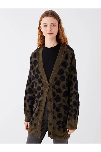 LC Waikiki Lcw Modest Khaki V-Neck Patterned Women's Knitwear Cardigan