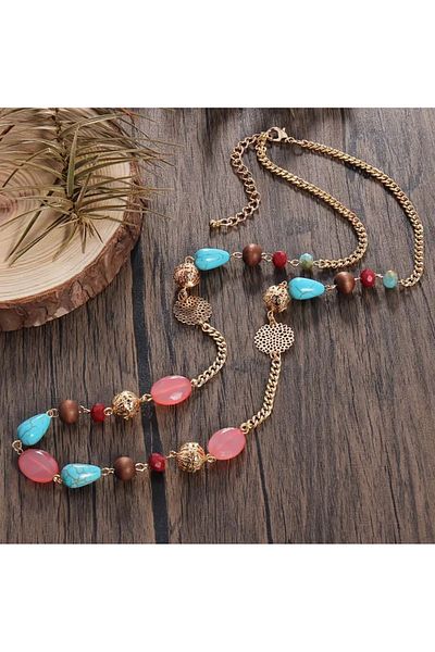 Store Vintage Style Pink Crystal Wooden Beads Long Necklace