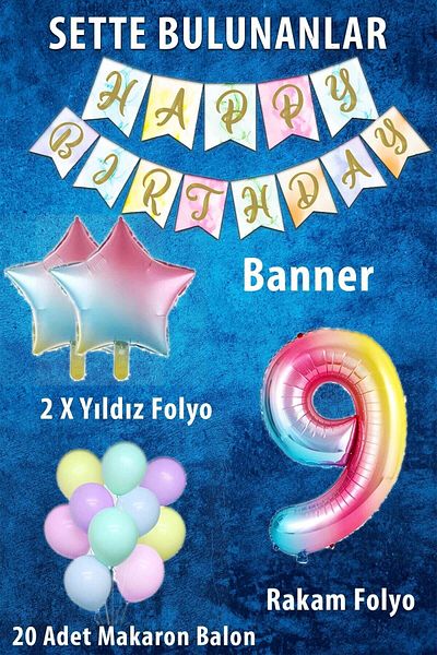 Ezgi Party Store Σετ γιορτής γενεθλίων Rainbow Concept Age 9; Αλουμινόχαρτο με αριθμούς και αστέρια, πανό και μαργαριτάρι μέλι