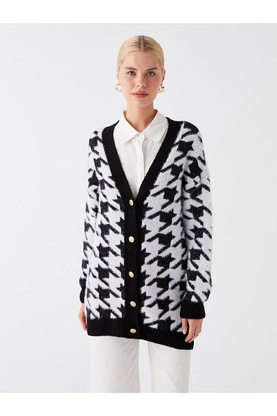 LC Waikiki Cardigan de damă Lcw Modest negru cu decolteu în V cu model