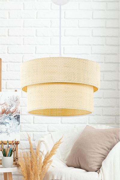 EvLight Cream Modern Natural Hazeran Rattan 2 Tier Pendant Lamp Chandelier