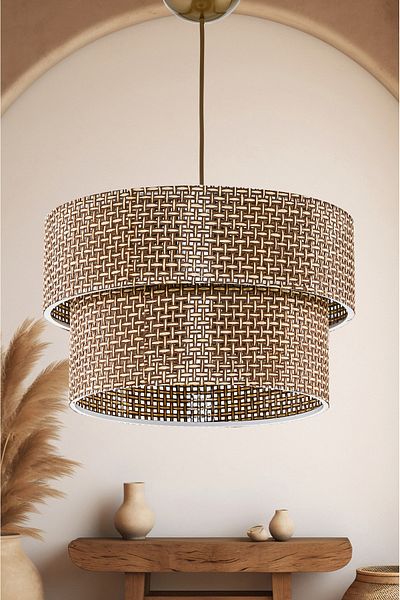 EvLight Beige Modern Natural Hazeran Rattan 2 Tier Pendant Lamp Chandelier