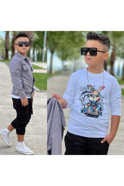 Burçak Butik Boys' Suede Jacket / Gabardine Pants / Long Sleeve Badi 3-Piece Combo