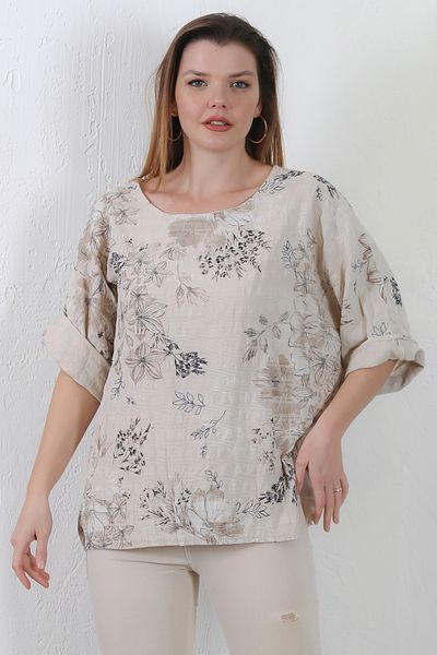 Chiccy Ιταλικό μπεζ γιακά πισίνας 3/4 μανίκι Floral Casual λινό μεικτό υπερμεγέθη υφαντό μπλούζα