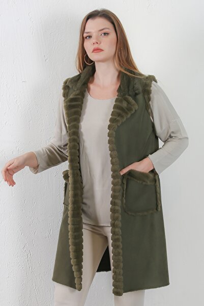 Chiccy Italian Dark Khaki Sleeveless Closure Double Pocket Sheepskin Casual Suede Woven Vest