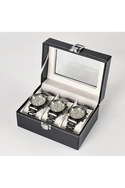 İsdeksan 3 Chamber Leather Covered Watch Box - Stand
