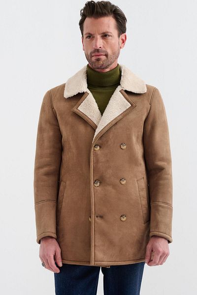 Pierre Cardin Nolan Regular Fit Fur Lined Buttoned Layered Collar Classic καφέ σουέτ παλτό με πλαϊνές τσέπες