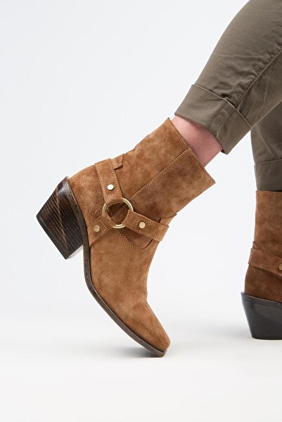 Manijero (Neus) Kadın Hakiki Deri Halkalı Kuşaklı Kovboy Özel Eskitme Deri Taba Bot