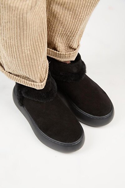 Manijero (Azura Mini) Kadın Hakiki Deri İçi Kürklü Ve Kürk Şeritli Siyah Bot