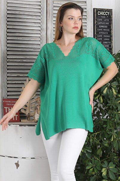 Chiccy Πράσινη μπλούζα με κοντό μανίκι άνοιγμα Casual oversized πλεκτό