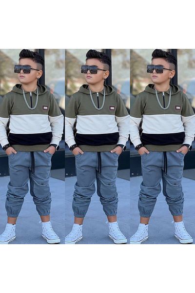 Burçak Butik Boy's Striped Hooded Sweatshirt / Gabardine Pants 2-Piece Set