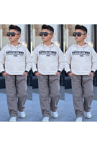 Burçak Butik Boys Sweatshirt and Gabardine Pants - Hood, Kangaroo Pocket, Loose Fit, 2-Piece Set