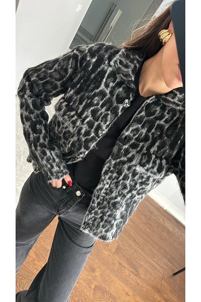 My Blog Cardigan cu imprimeu leopard cu gât polo gri - negru - 4601