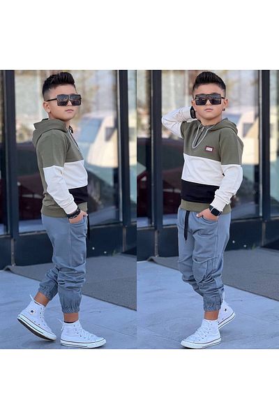 Burçak Butik Boy's Striped Hooded Sweatshirt / Gabardine Pants 2-Piece Set