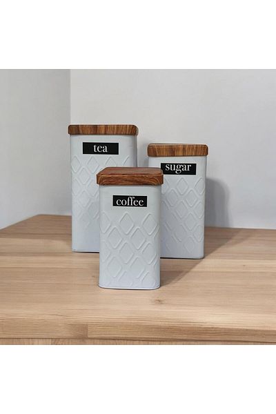 UCR HOME Premium White Set of 3 Metal Tea Coffee Sugar Storage Jars