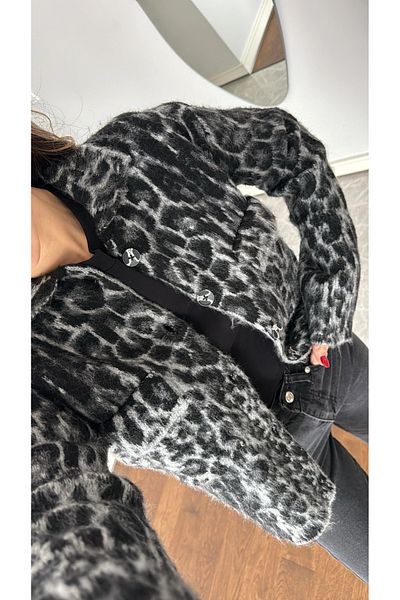 My Blog Cardigan cu imprimeu leopard cu gât polo gri - negru - 4601