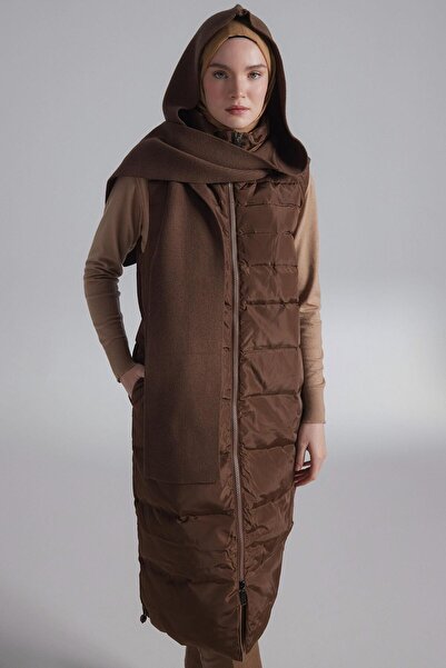 Tuğba Kapüşonlu Kaz Tüyü Yelek - Kahve