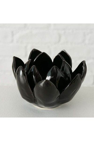 Homelux Suport lumanare floare de lotus 10x10x7 cm, ceramica, negru