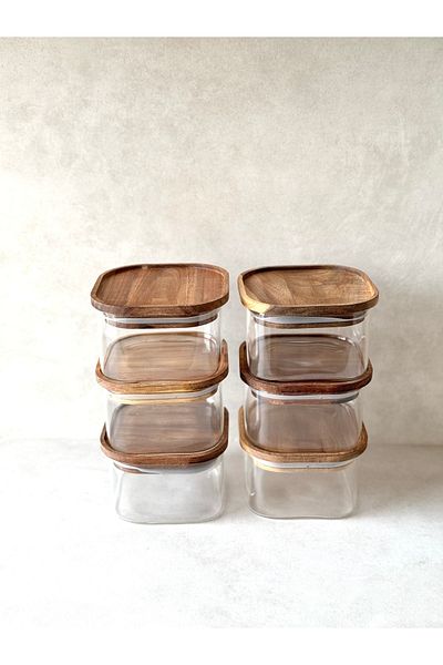 Dekorzdükkan 6-Piece Square Acacia Vacuum Lid Borosilicate Glass Breakfast Set
