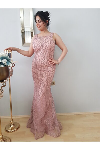 FERGAN Women's Powder Silvery Thick Slipping Back Discounted Fish Evening Dress