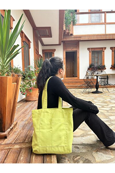 Sumicorn Design Soft Yeşil Ekolojik Bez Çanta,Cepli Keten Kol ve Omuz Çantası,Unisex Alışveriş Çantası