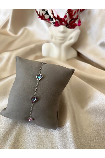 Butik Parlak Taş Kalp Silver Çelik Bileklik