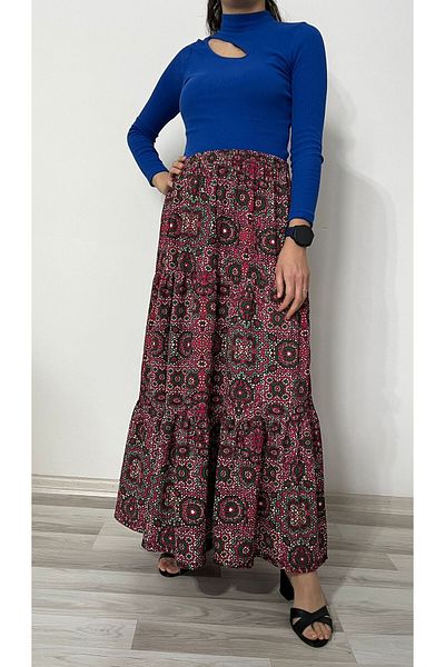520CK Women's Floral Print Ruffled Long Skirt