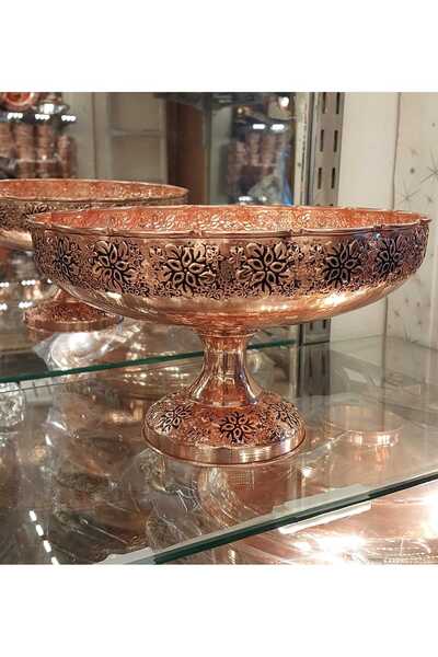 Bakır Center Copper Fruit Holder Copper Cookie Holder Copper Presentation Plate 18 cm Fully Handmade Embossed Workmanship