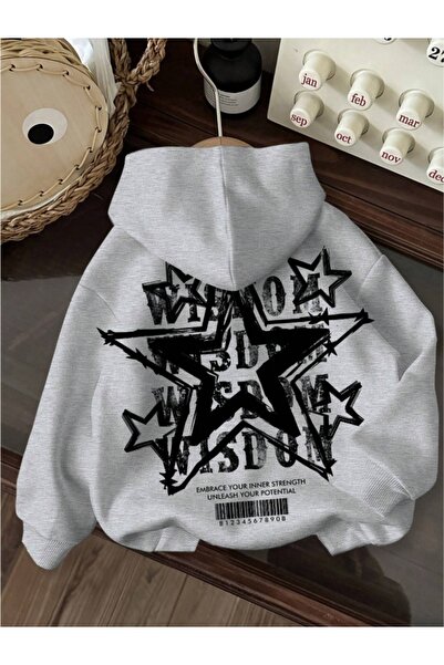 Derays Star Baskılı Kadın-Erkek Kapşonlu Pamuklu Hoodie Sweatshirt