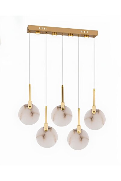 burenze Modern Lüks Tasarım Marble Lighting Sarkıt Beşli Sıralı Mermer Avize Eskitme Gold