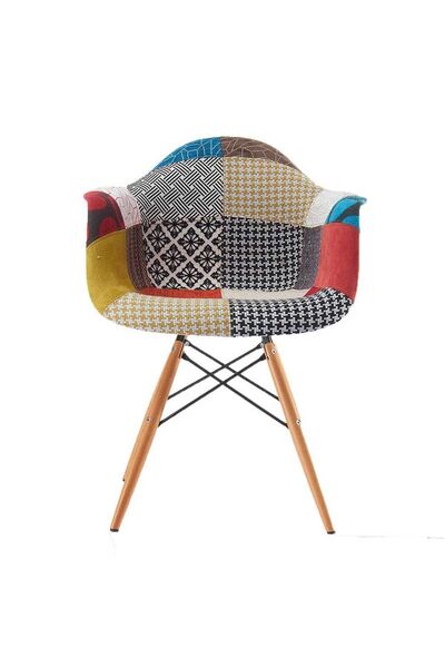 Homelux Shell Design Armchair, Patchwork Model, Textile Upholstered Seat, Wooden Legs