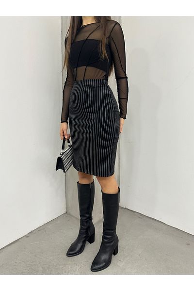 CNRCollection Fusta neagră cu dungi până la genunchi pentru femei cu talie înaltă și lycra elastică