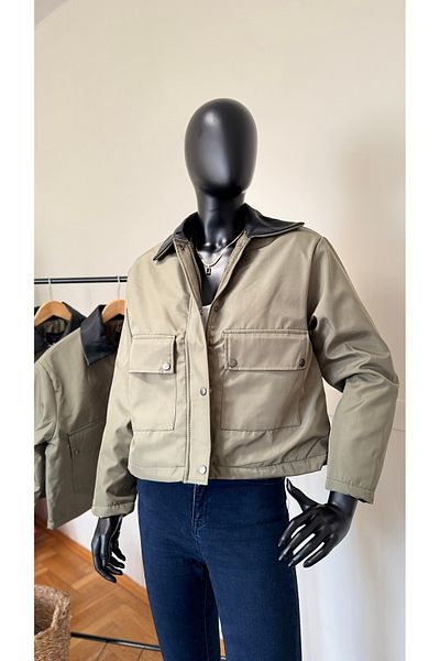 LEVURE Short Coat Leather Collar Detailed Front Zipper Coat with Snap Fastener Detail