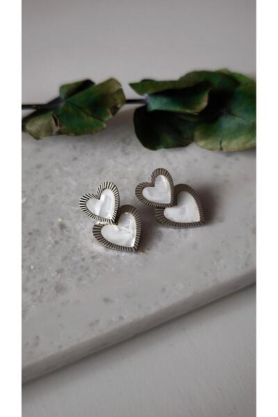 VOBEEYKU Pearlescent edge scalloped model 2-piece heart dangle earrings